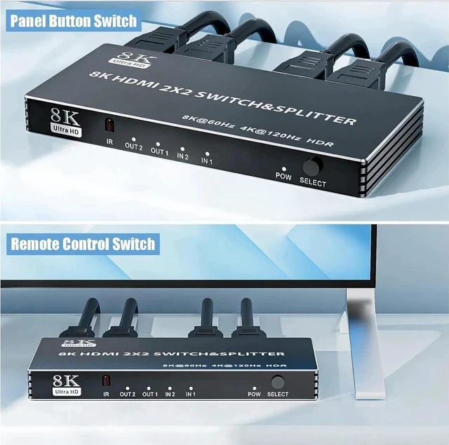 Alt view image 7 of 7 - 2x2 HDMI Switch Splitter, HDMI 2.1 Switcher 2 in 2 Out 8K@60Hz 4K@120Hz, w/IR Remote Control, Supports HDCP 2.3 HDR, HDR10, HDR 10+, 3D