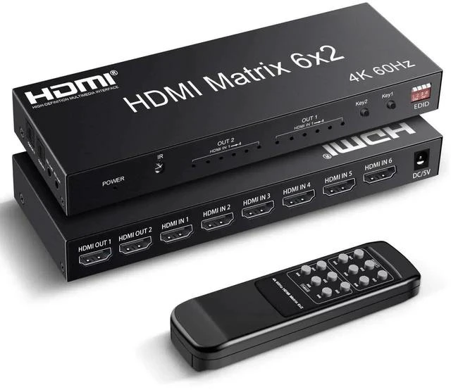 Main image of HDMI Matrix Switch 6 in 2 Out, 4K@60Hz HDMI Switch with IR Remote, Optical & 3.5mm Audio Output, 6x2 HDMI Switcher Audio Extractor Support HDMI 2.0, HDCP 2.2, 3D, Auto Downscal for PS5/4, Fire Stick