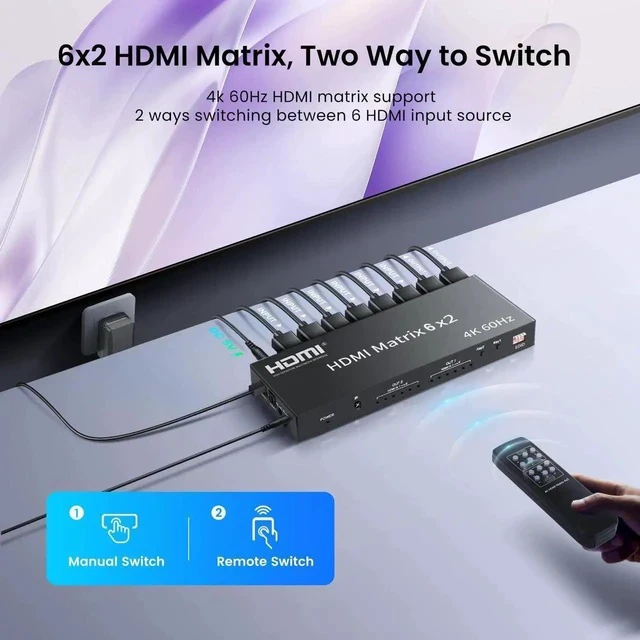 Alt view image 4 of 7 - HDMI Matrix Switch 6 in 2 Out, 4K@60Hz HDMI Switch with IR Remote, Optical & 3.5mm Audio Output, 6x2 HDMI Switcher Audio Extractor Support HDMI 2.0, HDCP 2.2, 3D, Auto Downscal for PS5/4, Fire Stick