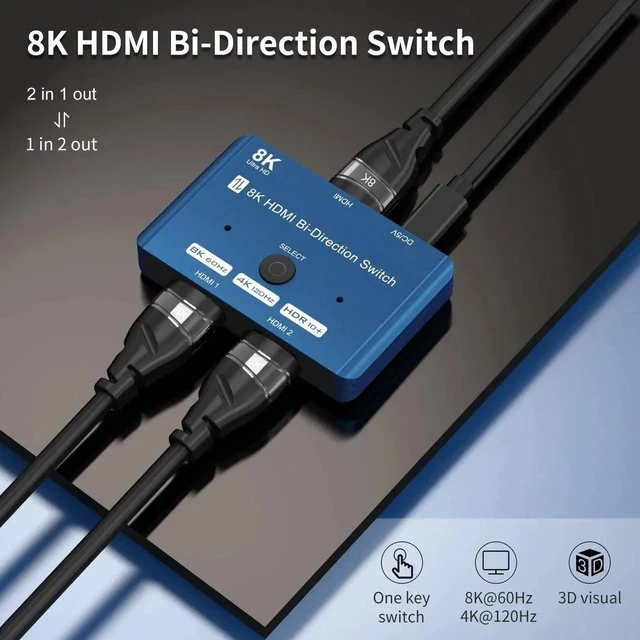 Alt view image 7 of 7 - HDMI 2.1 Switch 8K Bi-Directional Splitter 8K@60Hz 4K@120Hz 1440p@165Hz 1080P@240Hz 1in 2out 2in 1out High Speed 48Gbps eARC Converter Compatible with Xbox X PS5 Blue