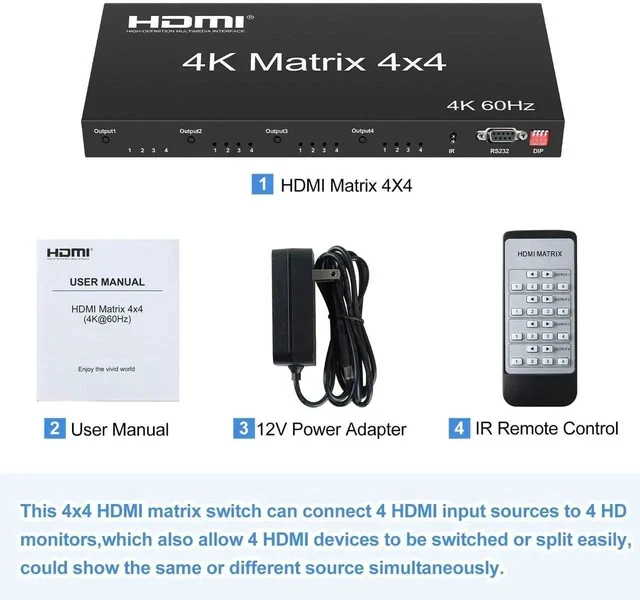 Alt view image 5 of 7 - 4K@60Hz HDMI Matrix Switch 4x4, HDMI Matrix Switcher Splitter 4 in 4 Out with EDID, HDMI Matrix Selector box with RS232 Control, Support Auto Downscaler, HDR, HDMI2.0, HDCP2.2, 18Gbps