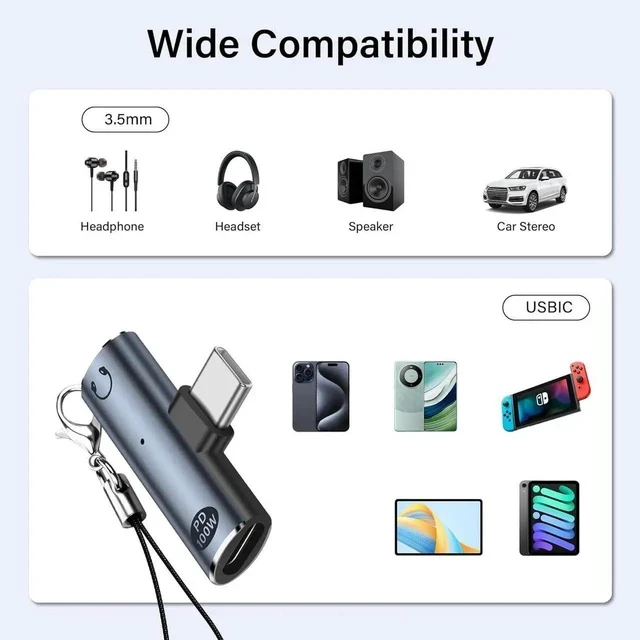 Alt view image 4 of 7 - USB C to 3.5mm Audio Adapter USB Type C to Aux Female Headphones Jack& 100W 2-in-1 PD Power Supply Adapter DAC USB C Headphone Adapter for USB C Devices Without 3.5mm Interface