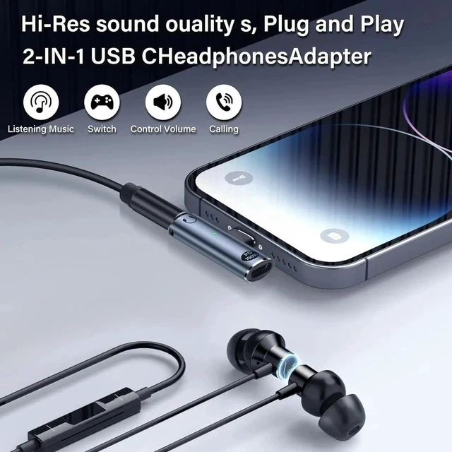 Alt view image 6 of 7 - USB C to 3.5mm Audio Adapter USB Type C to Aux Female Headphones Jack& 100W 2-in-1 PD Power Supply Adapter DAC USB C Headphone Adapter for USB C Devices Without 3.5mm Interface
