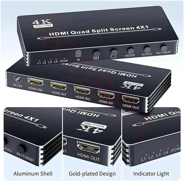 Alt view image 5 of 5 - 4K HDMI Quad Multiviewer 4x1 1080P HDMI Screen Multi-Viewer Seamless Switcher 4 in 1 out Screen Segmentation Video Multiplexer