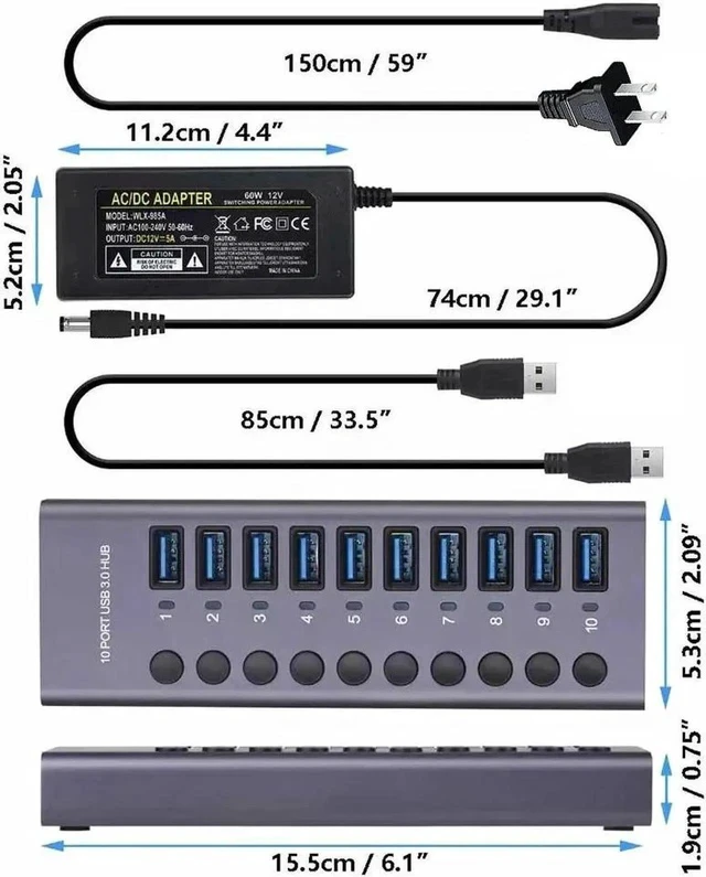 Alt view image 6 of 7 - Powered USB 3.0 Hub, 10 Ports USB Data Hub Splitter Aluminum with Individual ON/Off Switches and 12V/5A Power Adapter USB Extension for Mouse, Keyboard, Hard Drive or More USB Devices