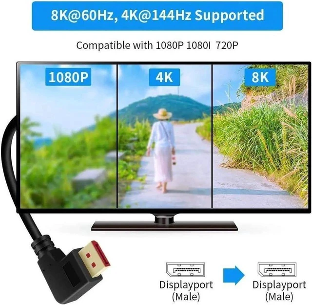 Alt view image 3 of 6 - Right Angle Displayport 1.4 Cable Left Angled Displayport Cable, 90-Degree Angled Displayport Cable V1.4 6FT/1.8M up to 8K/60Hz, 4K/144Hz Supported