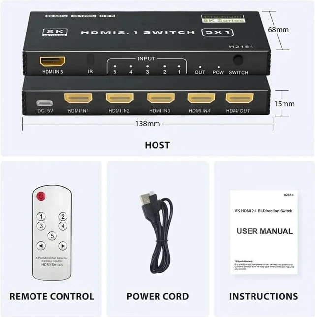 Alt view image 2 of 7 - HDMI 2.1 Switch 5 in 1 Out 8K 60Hz, 5 Port HDMI Switcher Selector Box with Remote, 4K@120Hz HDMI Switch 5x1 Support 48Gbps, HDR 10+, HDCP 2.3, 3D, for PS5/4/3, Xbox Series X, NS, Laptop, Black