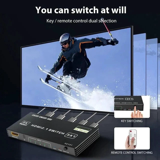 Alt view image 3 of 7 - HDMI 2.1 Switch 5 in 1 Out 8K 60Hz, 5 Port HDMI Switcher Selector Box with Remote, 4K@120Hz HDMI Switch 5x1 Support 48Gbps, HDR 10+, HDCP 2.3, 3D, for PS5/4/3, Xbox Series X, NS, Laptop, Black