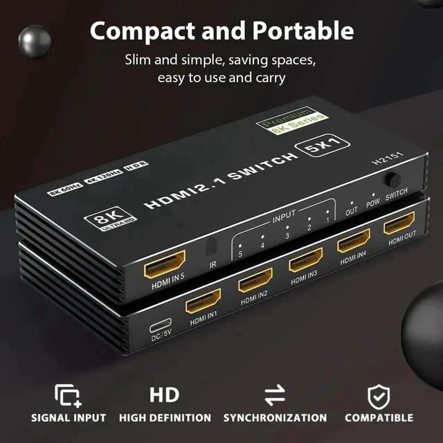 Alt view image 6 of 7 - HDMI 2.1 Switch 5 in 1 Out 8K 60Hz, 5 Port HDMI Switcher Selector Box with Remote, 4K@120Hz HDMI Switch 5x1 Support 48Gbps, HDR 10+, HDCP 2.3, 3D, for PS5/4/3, Xbox Series X, NS, Laptop, Black