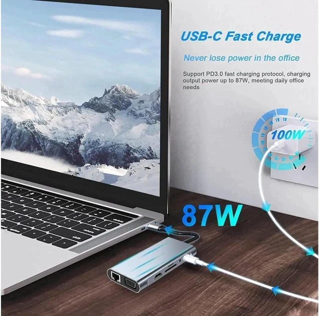 Alt view image 7 of 7 - 11in1 USB C hub,USB hub with USB C Multiport Adapter, USB Splitter with 4K HDMI, VGA, RJ45, USB 3.0, 3*USB 2.0 Ports, 100W USB-C PD, 3.5mm Aux,USB c hub for MacBook/PC/Laptop/Tablet Devices
