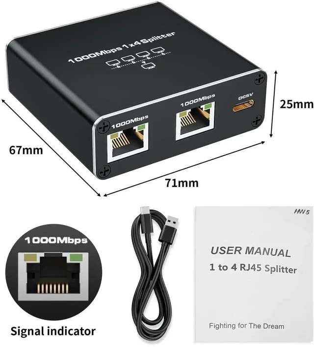 Alt view image 5 of 5 - 1 to 4 Gigabit Ethernet Splitter with USB Power Cable, 1000Mbps RJ45 LAN Port Expander Compatible with Cat5/Cat5e/Cat6/Cat7/Cat8 Network Cables for Home Office Surveillance Devices