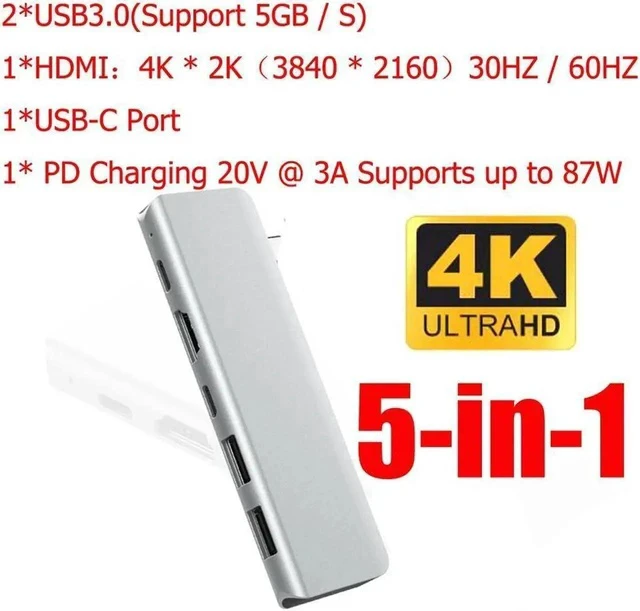 Alt view image 2 of 7 - USB C Hub HDMI Adapter 5-in-1 Type-C Hub toHDMI 4k,2 USB3.0 Ports,87W Power Delivery,Thunderbolt 3 USB-C Port Compatible with MacBook Pro 13/15Thunderbolt 3,2018 Mac Air,Chromebook USB-C
