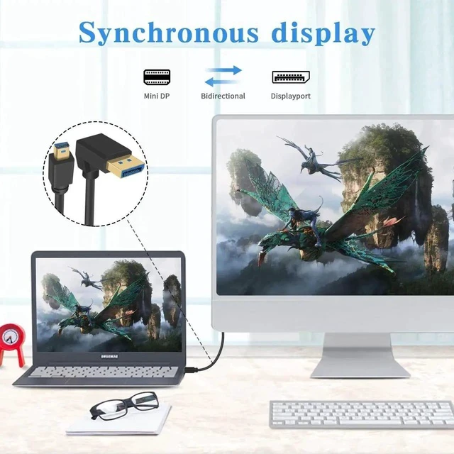 Alt view image 2 of 7 - 8k Mini Displayport to Displayport 1.4, 8K@60Hz Down Angled Displayport Male to Mini Displayport Male Cable with Gold-Plated, Support Bi-Directional Transmission, for Gaming, Monitor 1Ft