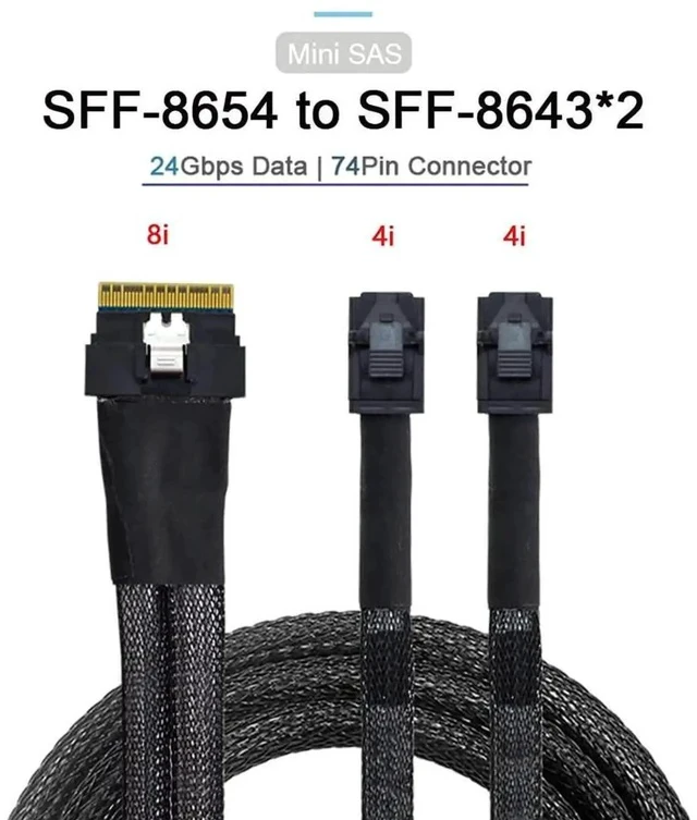 Alt view image 6 of 7 - PCIe 4.0 Slimline SAS SFF-8654 8i (74Pin) to Dual SFF-8643 4i Mini SAS HD Cable, 50cm High-Speed Server Storage Cable
