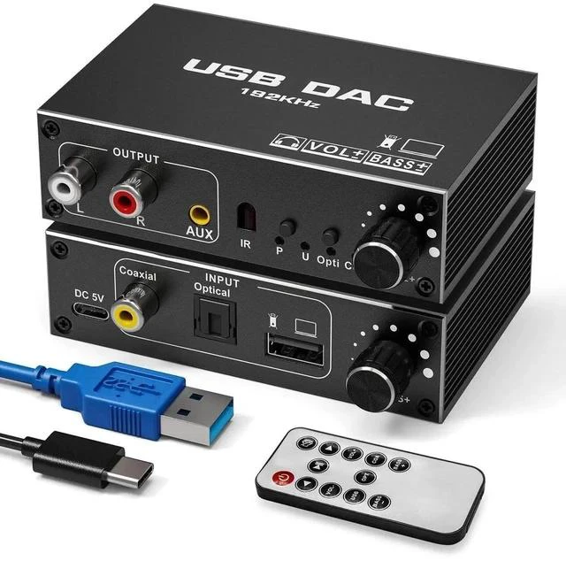 Main image of USB Audio Converter,192KHz DAC Digital to Analog Converter with Volume Control,Bass Adjustment,Remote Control,USB Optical SPDIF Coaxial to Analog Stereo RCA L/R and 3.5mm Jack Audio Adapter