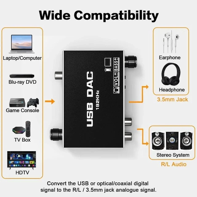 Alt view image 2 of 7 - USB Audio Converter,192KHz DAC Digital to Analog Converter with Volume Control,Bass Adjustment,Remote Control,USB Optical SPDIF Coaxial to Analog Stereo RCA L/R and 3.5mm Jack Audio Adapter