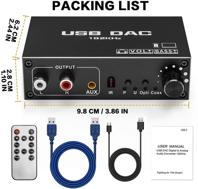 Alt view image 3 of 7 - USB Audio Converter,192KHz DAC Digital to Analog Converter with Volume Control,Bass Adjustment,Remote Control,USB Optical SPDIF Coaxial to Analog Stereo RCA L/R and 3.5mm Jack Audio Adapter