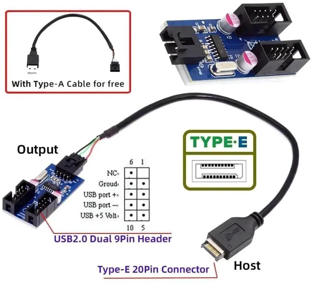 Alt view image 7 of 7 - 0.98FT USB 2.0/3.1 Type-E Front Panel Splitter Cable, 1 to 2 9Pin/10Pin Motherboard Header Hub Extension Adapter