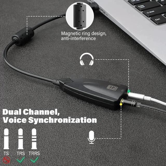 Main image of USB Stereo Sound Card, USB 7.1 External Audio Sound Adapter Card 5Hv2 Channel Converter to 3.5mm Headphone Microphone Jack for Mac, PC, Windows.
