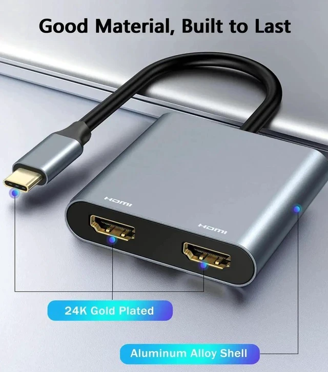 Alt view image 6 of 7 - USB-C to Dual HDMI Adapter Supporting 4K@60Hz, Type-C Dual Monitor Display Splitter Multiport Hub, Compatible with MacBook Air/Pro & All Laptops Equipped with Thunderbolt 3/4 Ports