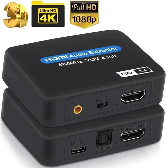 Main image of HDMI Audio Extractor Converter, 4K@60Hz HDMI to Toslink SPDIF + 3.5mm Stereo Analog Out, HDMI 2.0 Audio Splitter, Support Audio Mode TV, 2.0CH and 5.1CH for PS5 Soundbar Blu-Ray