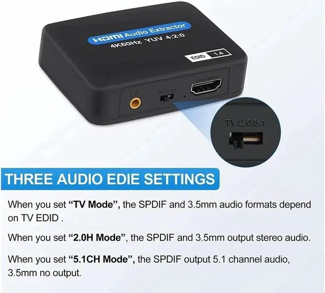 Alt view image 7 of 7 - HDMI Audio Extractor Converter, 4K@60Hz HDMI to Toslink SPDIF + 3.5mm Stereo Analog Out, HDMI 2.0 Audio Splitter, Support Audio Mode TV, 2.0CH and 5.1CH for PS5 Soundbar Blu-Ray