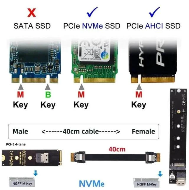 Alt view image 7 of 7 - 40cm M.2 NVMe NGFF M-Key Male to Female Extension Cable with SFF-8654 Connector, Compatible with Motherboard 2280 22110 NVMe SSD