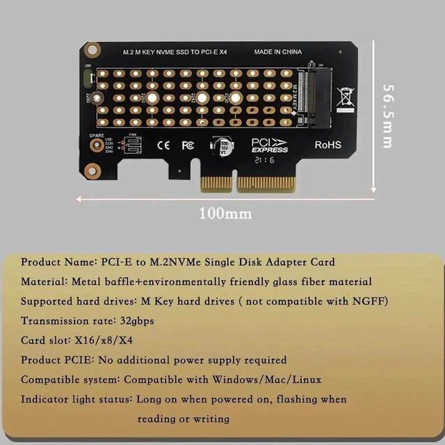 Alt view image 3 of 7 - Half Height PH41 PCIe 3.0 X4 to M.2 NVMe M-Key Adapter Card, 32Gbps High Speed Expansion Card Supports 2230/2242/2260/2280 M.2 SSD, Works with PCIe X4/X8/X16 Desktop PCIe Slots