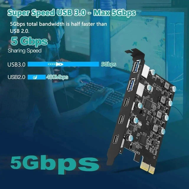 Alt view image 6 of 7 - 5Gbps PCIe to USB (3X USB C - 2X USB A) Expansion Card,PCI Express Internal USB 3.0 Hub Converter for Desktop PCS Riser Card
