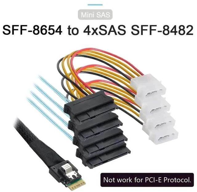 Alt view image 2 of 7 - 100cm Slimline SAS 4.0 Fanout Cable, SFF-8654 4i 38Pin Host to 4x SFF-8654 29Pin Target RAID Storage Cable