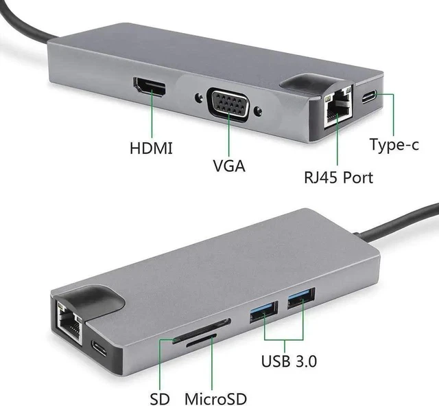 Alt view image 6 of 6 - 8 in 1 USB HUB Type-C to RJ45 Lan HDMI VGA Adapter Aluminum Slloy USB 3.0 HUB Card Reader Converter Cable for Macbook MateBook