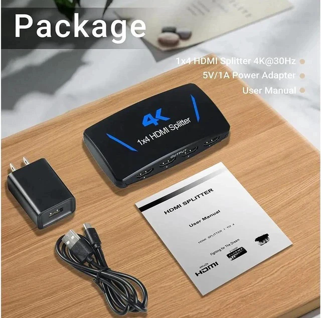 Alt view image 2 of 7 - 4K 30Hz HDMI Splitter 1 in 4 Out HDMI1.4 4 Port Splitter with US Adapter for Computer MacBook Xbox 330 Xbox One PS5/4 Blu-Ray DVD (1in 4out)