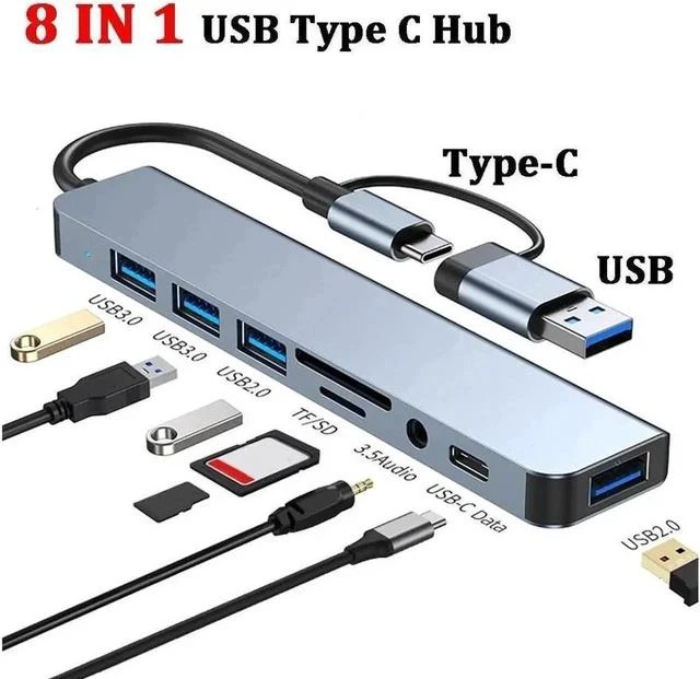 Main image of USB A Type C Docking Station, 8 in 1 Hub with 100W DP, USB3.0, 3 USB 2.0, SD/TF Card Reader 3.5mm Audio, USB-C Adapter for MacBook Pro/Air, and Other USB C Laptops