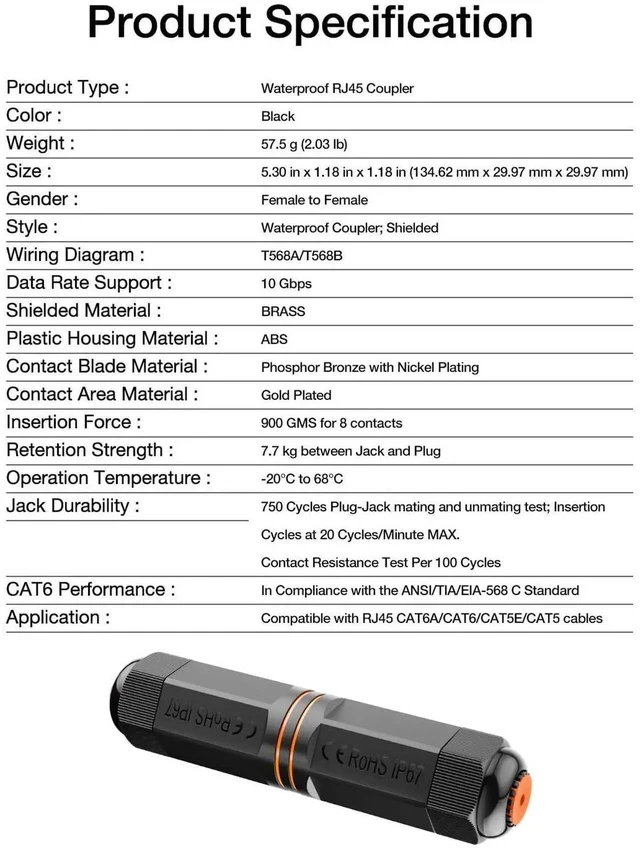Alt view image 4 of 7 - 2 Pack IP68 Waterproof Shielded Cat6A RJ45 Coupler, 5.3 Inch Female to Female Outdoor Ethernet Cable Extender, Supports 10Gbps, Compatible with Cat5/Cat5e/Cat6/Cat6A LAN Cables