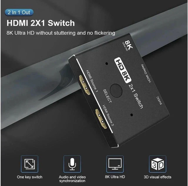 Alt view image 5 of 7 - HD Switcher 8K@60Hz 4K@120Hz HDMI-Compatible 2.1 Switch 2x1 Adapter 2 sources to 1 display Converter for PS4/PS5 Xiaomi TV Box HDTV Splitter