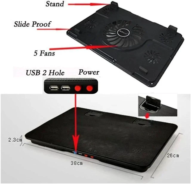 Alt view image 2 of 6 - Laptop Cooling Pad Computer Quiet Cooler with 5 Quiet Fans and 2 USB Ports, Portable Cooling Stand with LED Light for 14-17 Inch Laptop (Blue)