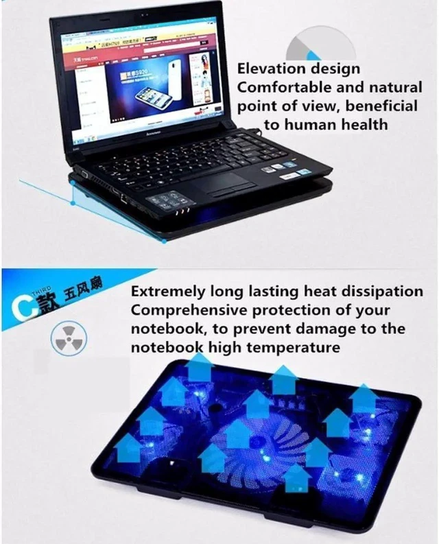 Alt view image 6 of 6 - Laptop Cooling Pad Computer Quiet Cooler with 5 Quiet Fans and 2 USB Ports, Portable Cooling Stand with LED Light for 14-17 Inch Laptop (Blue)