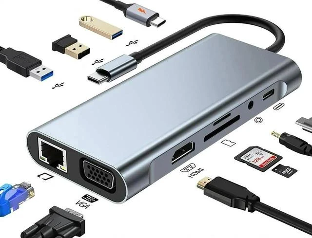 Main image of USB C Docking Station Hub 11 in 1, USB C Splitter Adapter with 4K HDMI, VGA, Gigabit, USB C, 3*USB 3.0 Ports, 100W USB-C PD, 3.5mm Aux Ports Adapter for Laptop and PC Computer