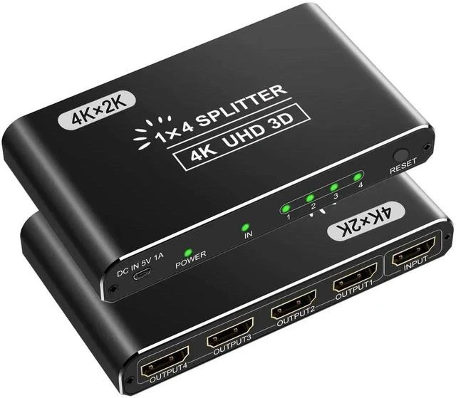 Main image of HDMI Splitter, 4K HDMI Splitters 1 in 4 Out for Dual Monitors Supports 3D Full HD 1080P Aluminum Compatible for PS4 Fire Stick HDTV(1 Source to 4 Displays) Black