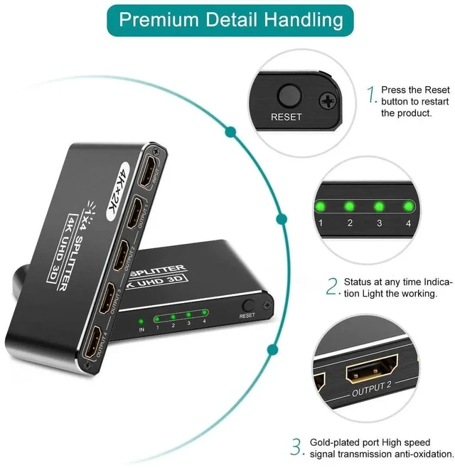 Alt view image 5 of 7 - HDMI Splitter, 4K HDMI Splitters 1 in 4 Out for Dual Monitors Supports 3D Full HD 1080P Aluminum Compatible for PS4 Fire Stick HDTV(1 Source to 4 Displays) Black