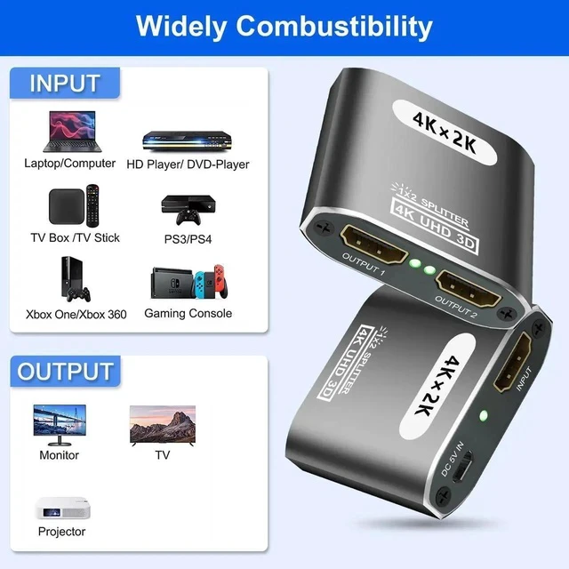 Alt view image 3 of 7 - HDMI Splitter 1 in 2 Out -HDMI Splitter for Dual Monitors Duplicate/Mirror Only - Not for Multi Monitors, No HDCP Bypass, USB Powered, 1 Source to 2 Identical Displays, for PS4 Fire Stick HDTV