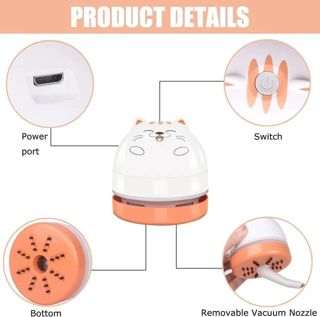 Alt view image 2 of 7 - YUNYILAN Mini Desktop Vacuum Cleaner, Portable USB Vacuum Cleaner for Desk Mini Cute Cartoon Desktop Vacuum for Cleaning Eraser Crumbs, Dust, Crumbs, Computer, Keyboard and Car (White Orange)
