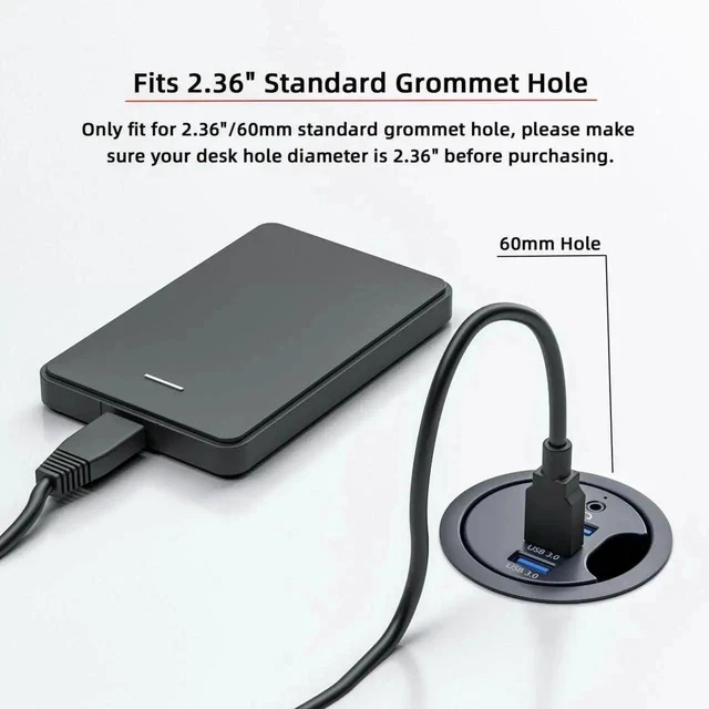 Alt view image 7 of 7 - USB 3.0 Flush Mount Desktop Hub, 60mm 2.36 Inch Grommet Hole Dock with 3 USB3.0 Ports & 3.5mm Audio Jack for Office Desk Expansion