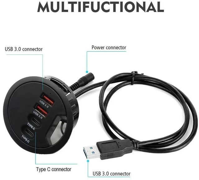 Alt view image 3 of 7 - 60mm / 2.36 Inch Desk Grommet USB 3.0 Hub, 2 USB-A + 2 USB-C Ports Flush Mount Dock, Support Simultaneous Fast Charging & High-Speed Data Transfer for Desktop Workstation