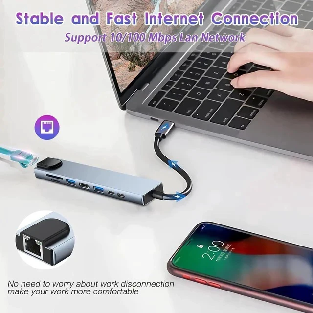 Alt view image 3 of 7 - USB Hub, 8 Port: 4K HDMI, TF/SD Card Reader, USB-C, 100W PD, 10/100M Ethernet,USB 3.0&2.0 ,USB Extender USB Hub for PC Laptop,MacBook Docking Station PC iMac Pro Air, Notebook PC