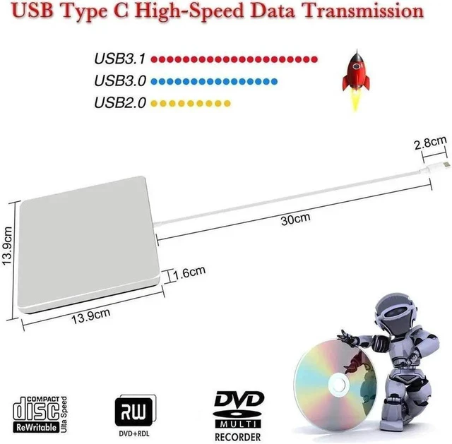 Alt view image 4 of 7 - USB 3.0 & USB-C External DVD Drive with Case, Portable CD DVD RW Drive Burner Writer Optical Player for USB Type-C Windows Laptop Mac MacBook Pro Air iMac, Silver