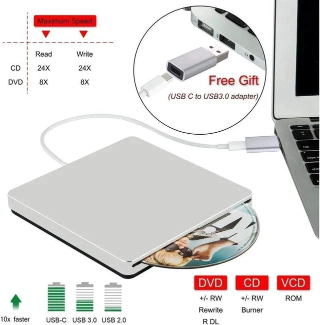 Alt view image 3 of 7 - USB 3.0 & USB-C External DVD Drive with Case, Portable CD DVD RW Drive Burner Writer Optical Player for USB Type-C Windows Laptop Mac MacBook Pro Air iMac, Silver