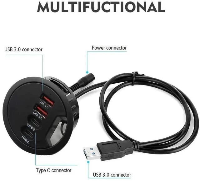 Alt view image 3 of 7 - 60mm / 2.36 Inch Desk Grommet USB 3.0 Hub, 2 USB-A + 2 USB-C Flush Mount Dock, Support Simultaneous Fast Charging & 5Gbps High-Speed Data Transfer for Office Workstations