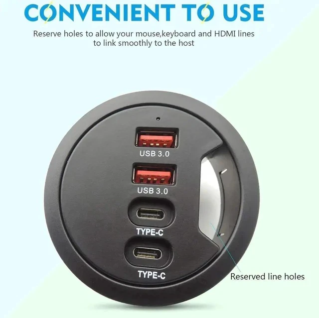 Alt view image 7 of 7 - 60mm / 2.36 Inch Desk Grommet USB 3.0 Hub, 2 USB-A + 2 USB-C Flush Mount Dock, Support Simultaneous Fast Charging & 5Gbps High-Speed Data Transfer for Office Workstations