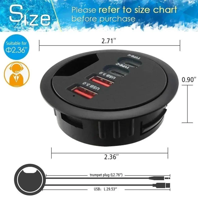 Alt view image 2 of 7 - 60mm / 2.36 Inch Desk Grommet USB 3.0 Hub, 2 USB-A + 2 USB-C Flush Mount Dock, Support Simultaneous Fast Charging & 5Gbps High-Speed Data Transfer for Office Workstations